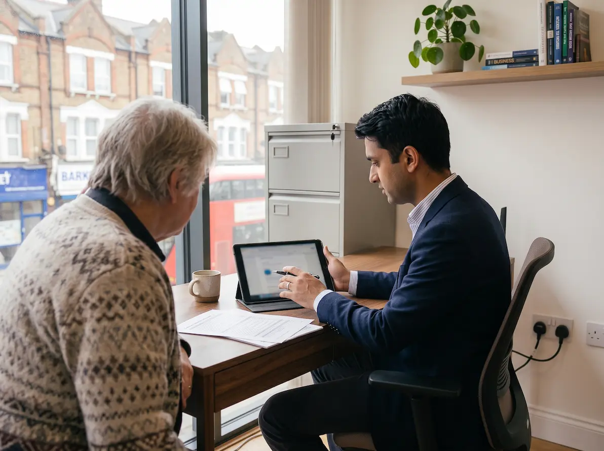 An adviser helping someone complete an application on a tablet at a desk in the VIP e-Services office.