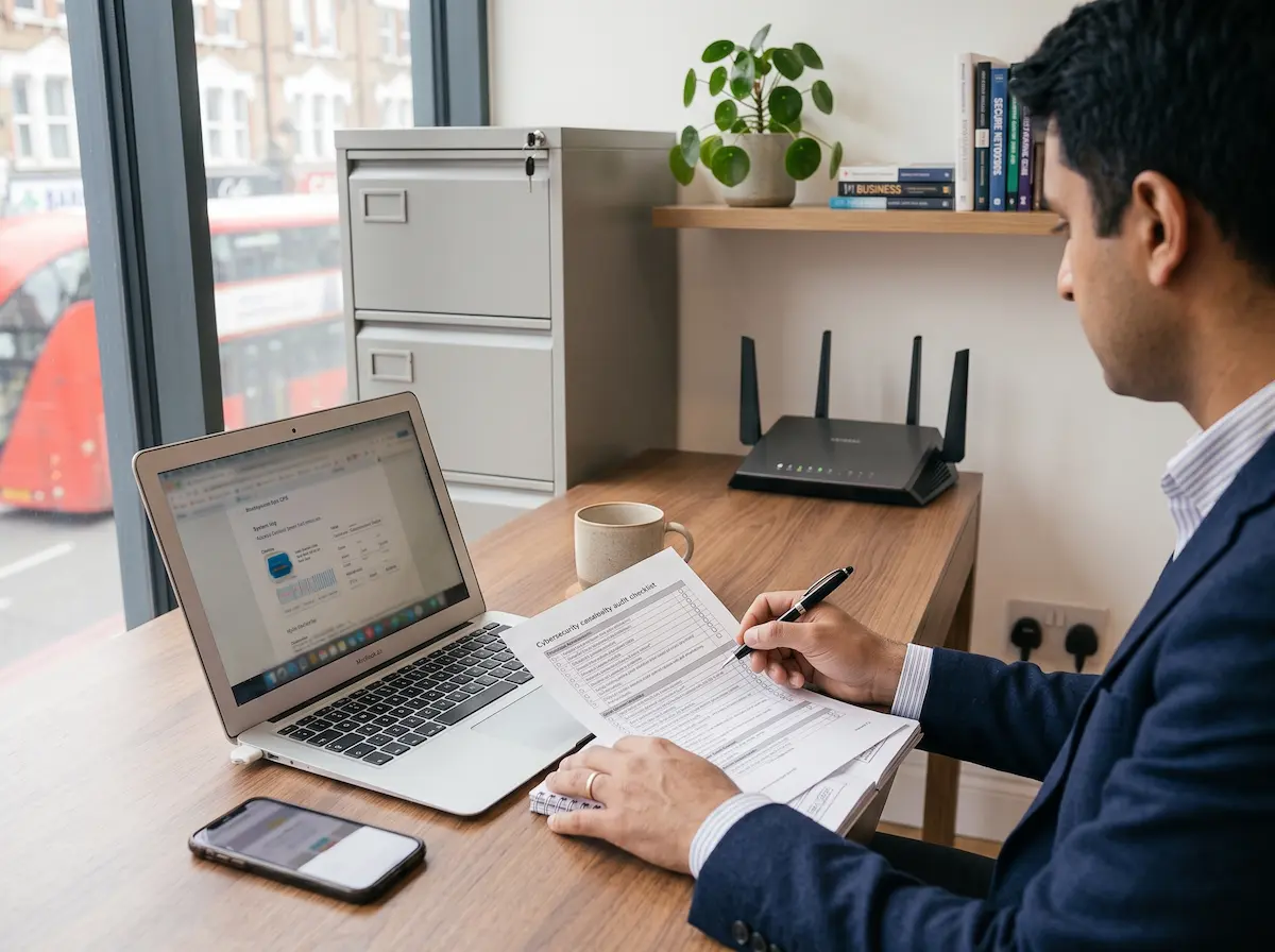 Someone working through a printed security checklist against a laptop at a tidy desk.