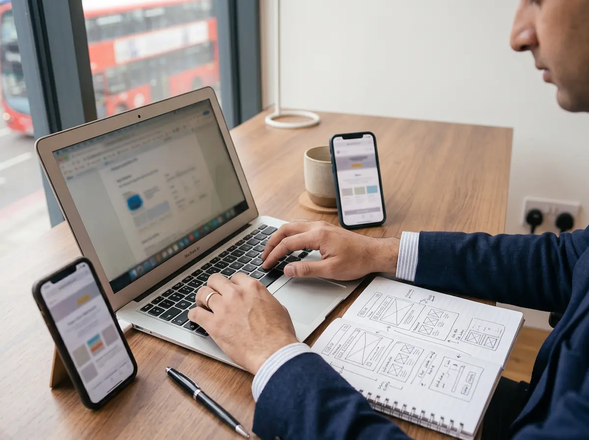 A developer working on a website layout on a laptop, with wireframe sketches and a phone alongside.